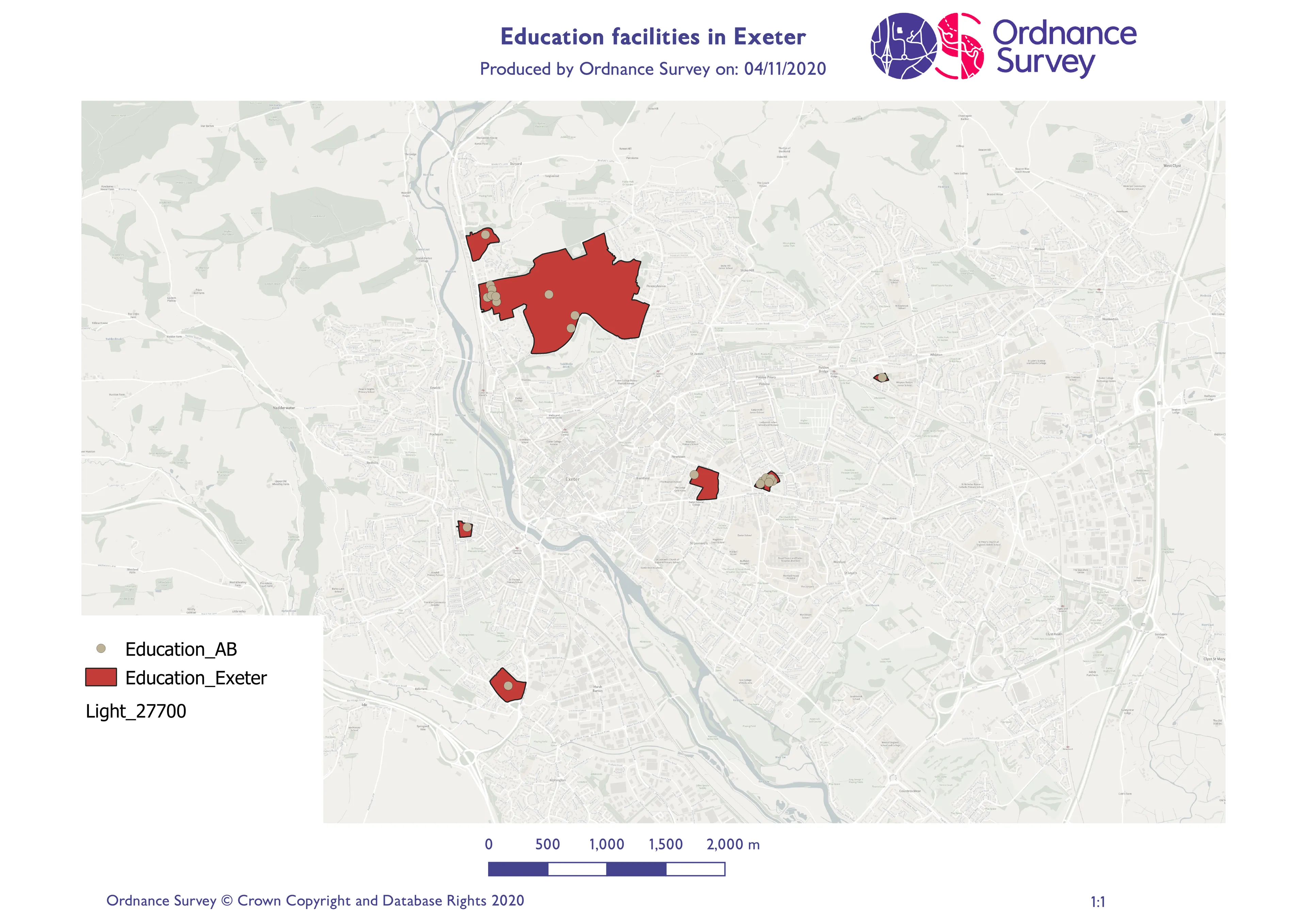 Map highlights education facilities in Exeter in red