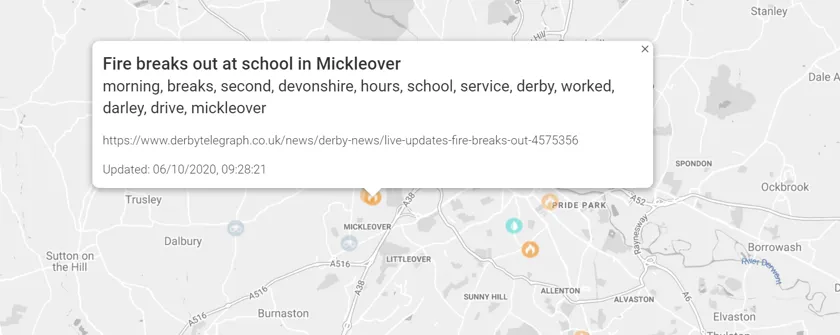 Map showing crime and fire incidents in Mickleover