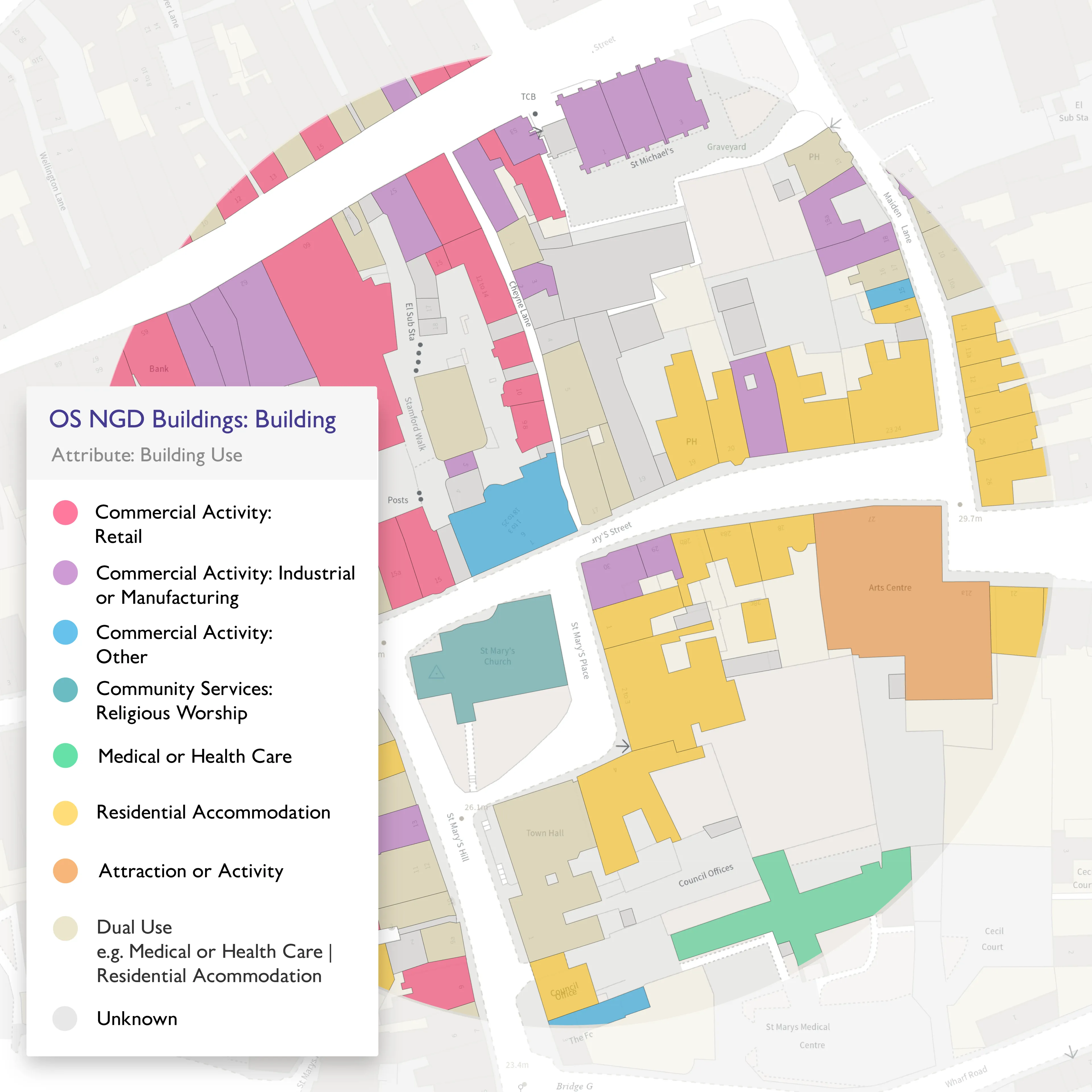 Example of OS NGD Buildings in action, showing different building use attributes highlighted in different colours.