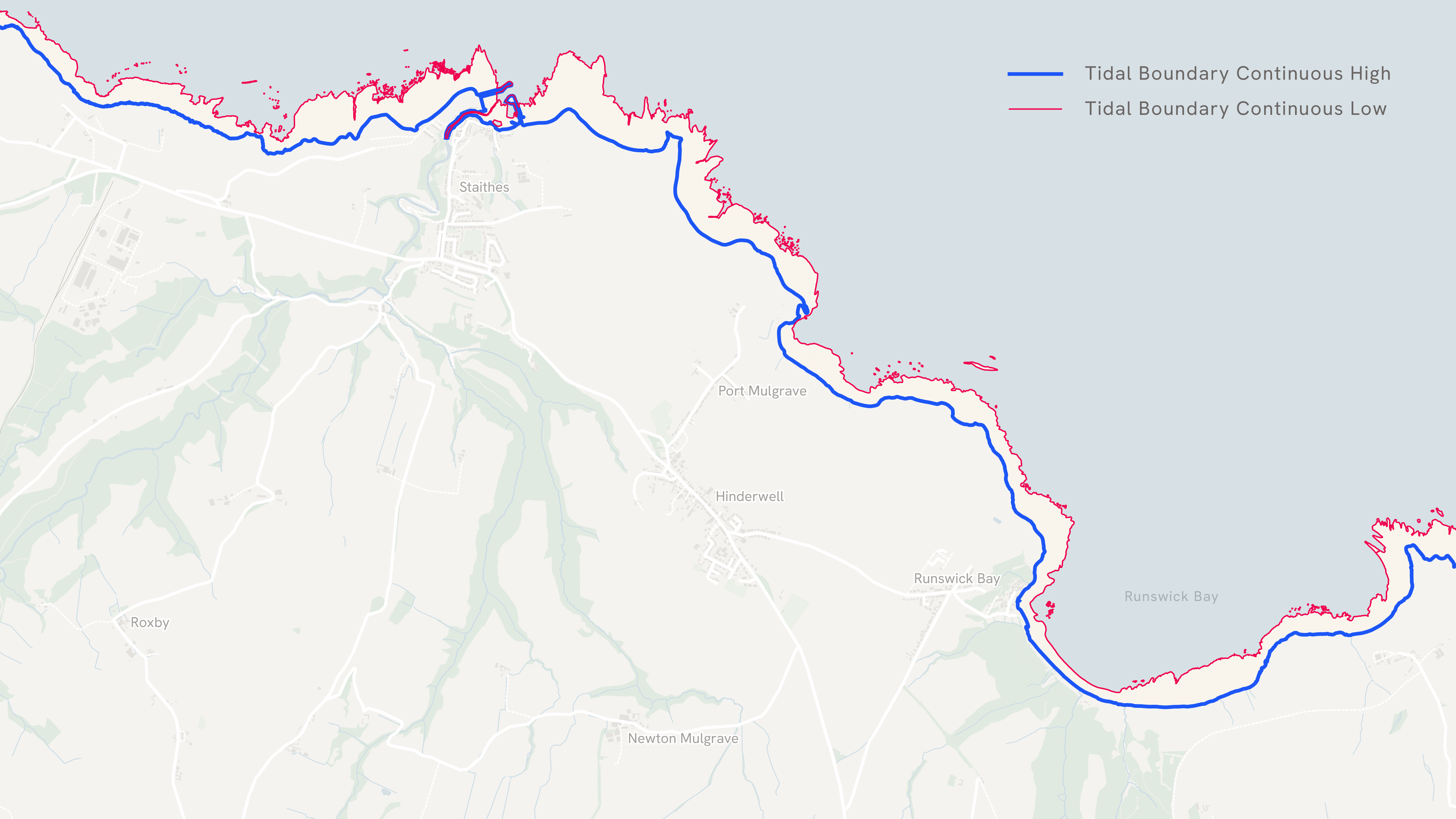 Data visualisation with blue and red lines showing high and low continuous tidal boundaries