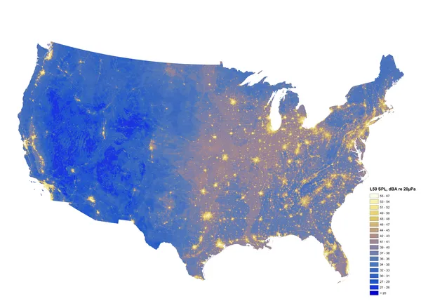 Noise pollution, shown in lighter colours in the map above, corresponds to population centres.