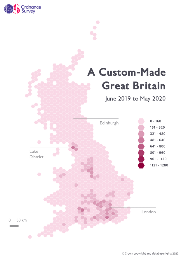 Data visualisation GIF showing rapid increase in custom map orders from 2019 to 2022 across Great Britain.