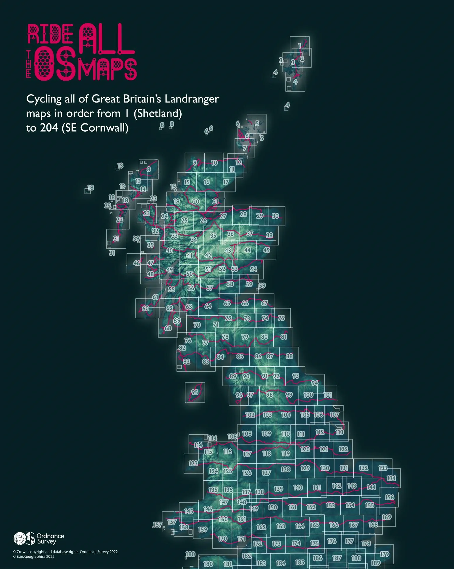 Map showing Mark Wedgewood's journey cycling across all 204 OS Landranger maps in consecutive order