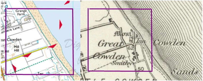 Maps of Great Cowden, showing the coastal change and land lost to the sea