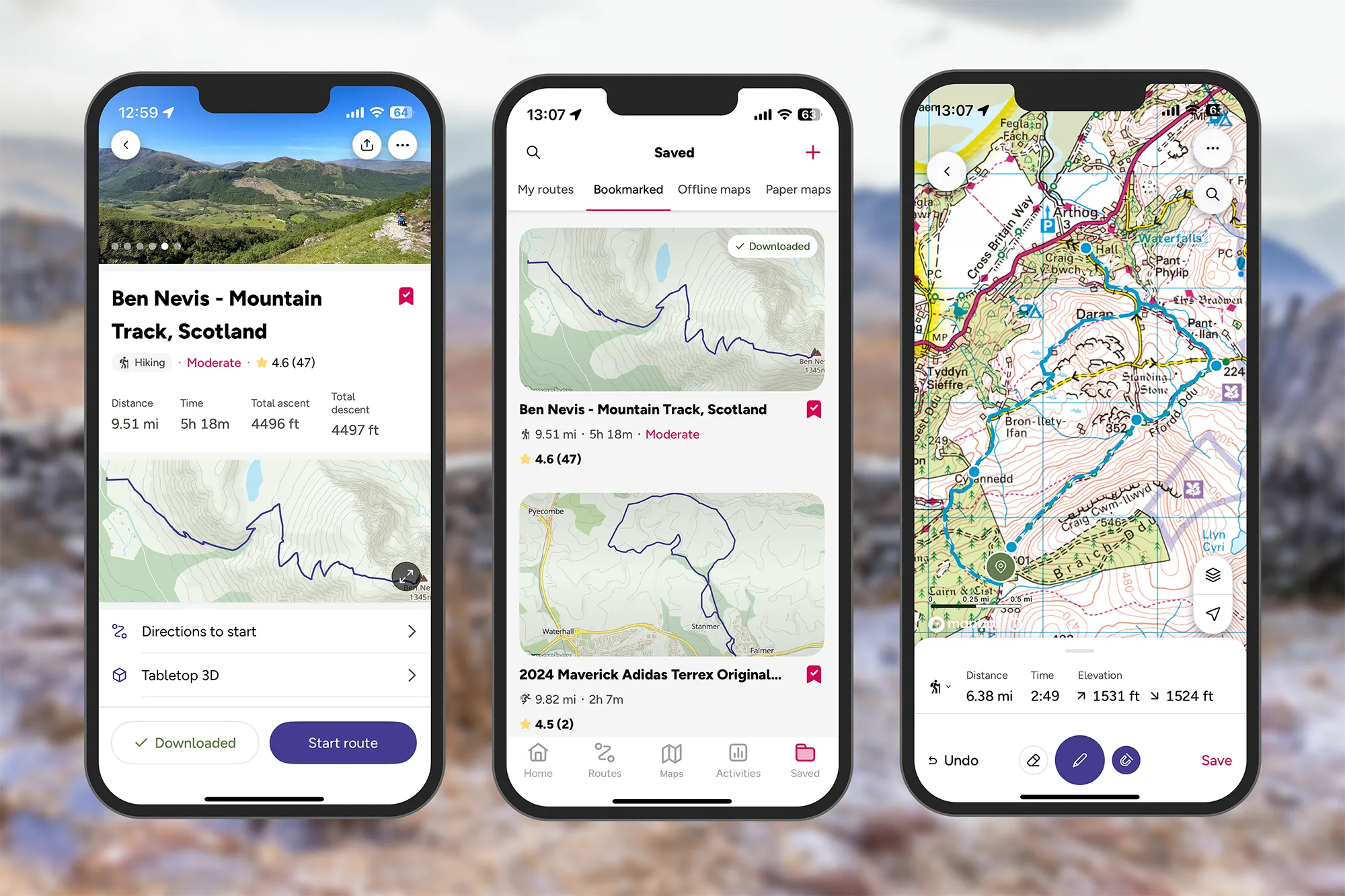 Three versions of the OS Maps app on phones, showing how the app's design has changed over time