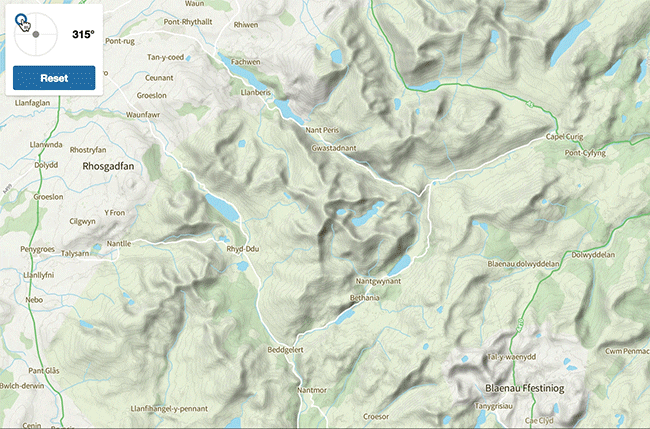 Looping GIF showing how the change in light source directly effects the dynamic hillshade in real-time.