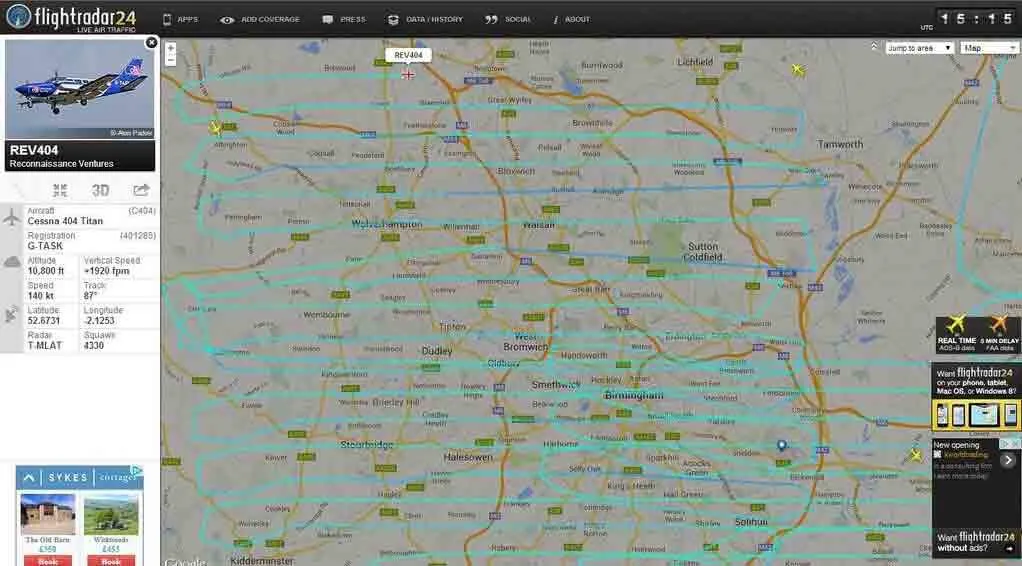Screenshot from Flightradar24 showing the path of an OS plane