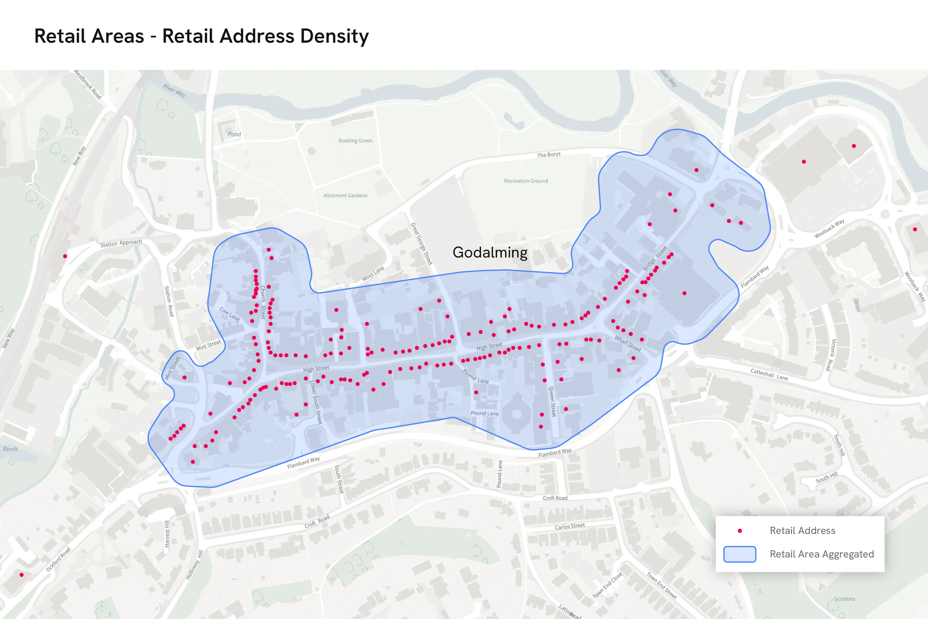 Towns such as Godalming are more 'retail compact' and have over 90% of their shops concentrated in one area
