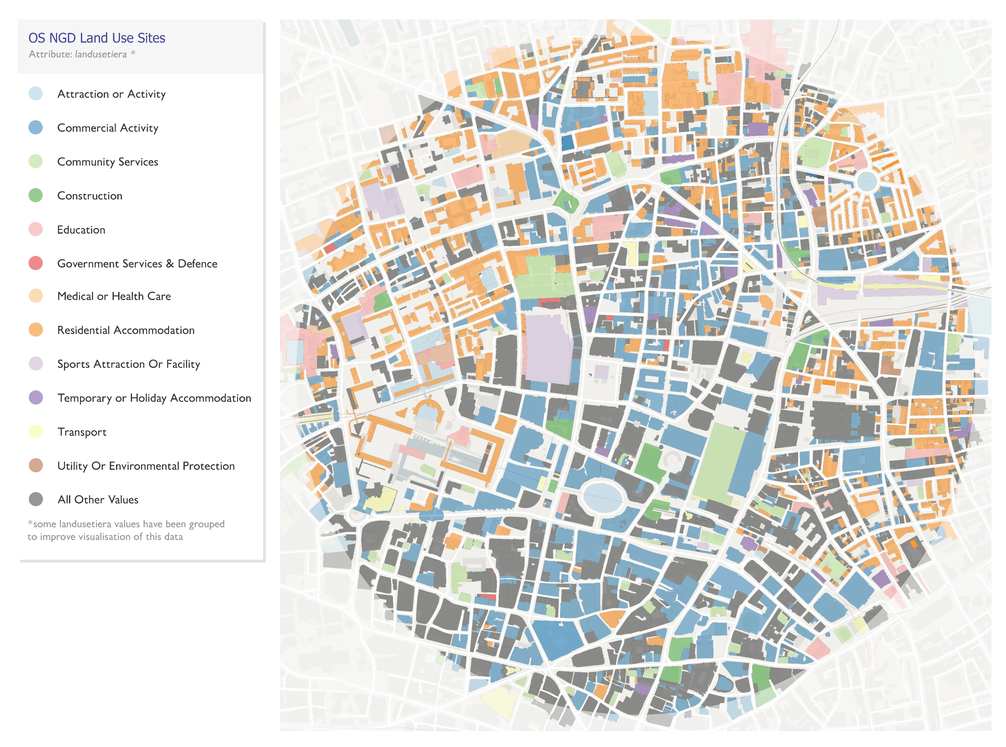Land use sites highlighted in different colours, including attractions, transport, construction and more.