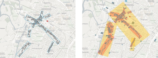 Gloucester high streets (left) vs Gloucester retail geographies (right)