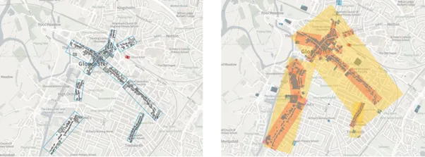 Two map extracts of Gloucester depicting differences between datasets mentioned under Evolution to Retail Geographies