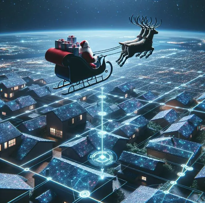 AI generated image of Santa Claus flying his sleigh over rooftops, with route mapped beneath