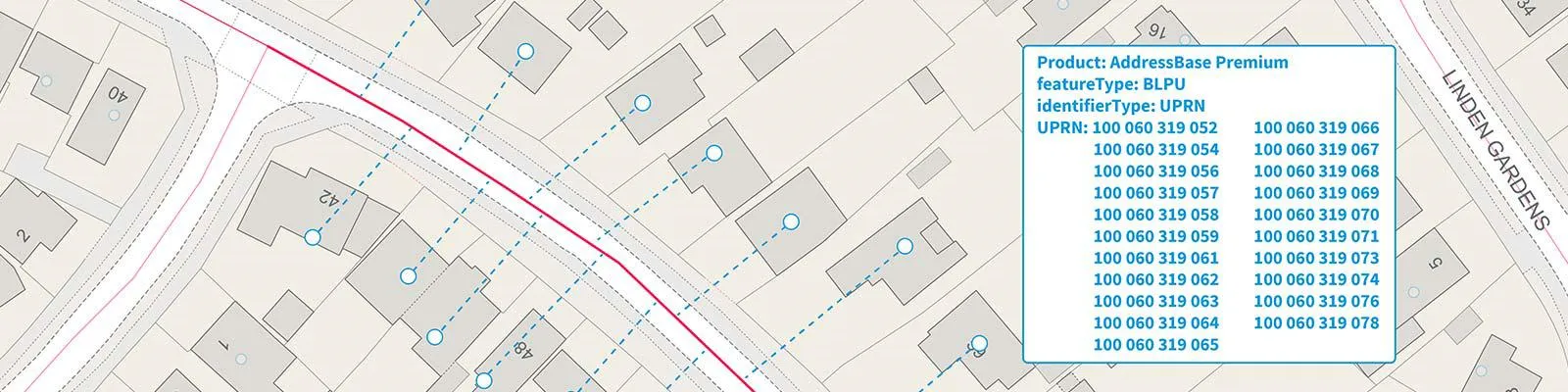 OS data showing AddressBase Premium in conjunction with UPRNs in a contained map area