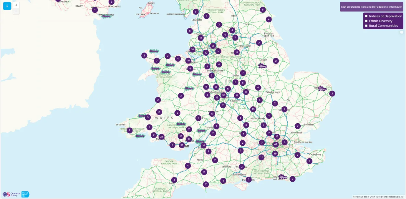 Webmap showing MHUK's delivery for Young People's programmes across the UK, which is widely spread