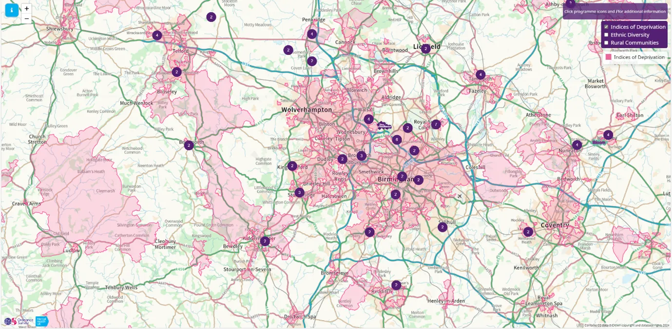 Screenshot of MHUK webmap showing programme delivery locations and an overlay of areas with high indices of deprivation