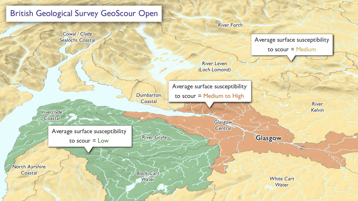 A map in three colours of Scotland, showing river areas for the assessment of river sediment.