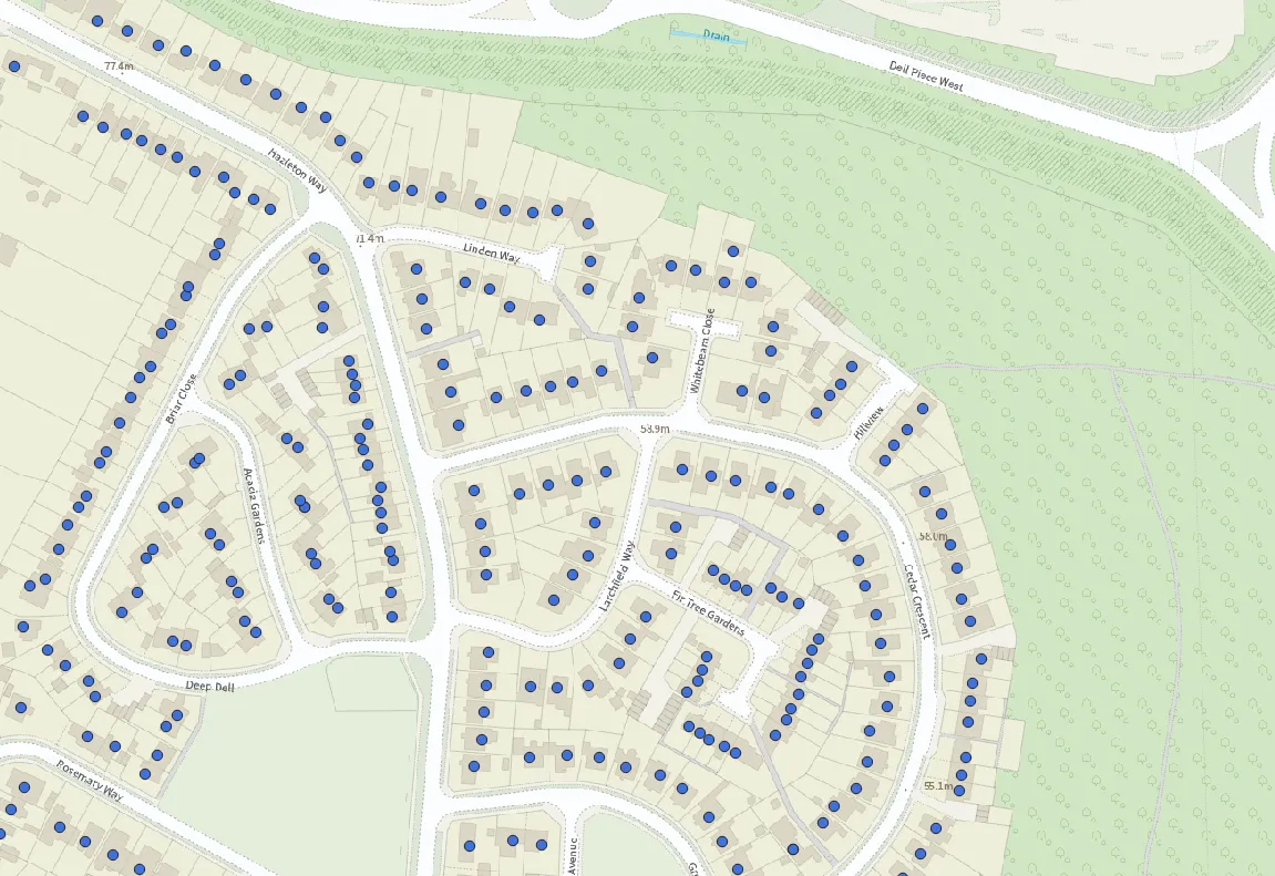 Screenshot of AddressBase Core, showing a residential area to illustrate the questions and limitations raised