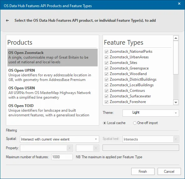 Screenshot of Products and Features types, with Theme 'Light' selected