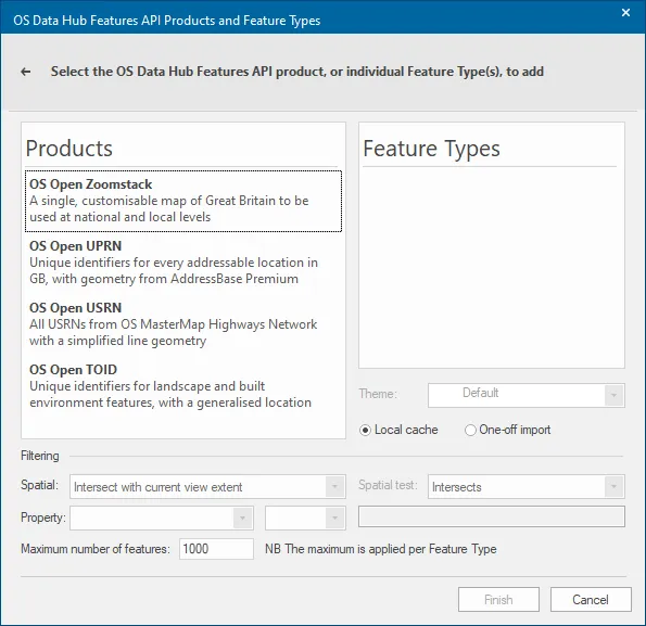 Screenshot of Products and Feature Types window, with OS Open Zoomstack selected