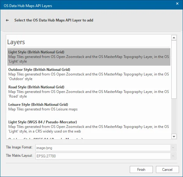 Screenshot of API Layers window, with Light Style (British National Grid) selected