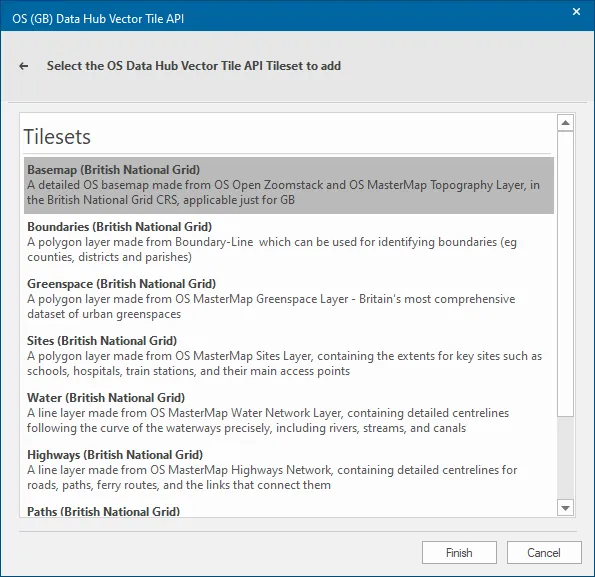 Screenshot of Vector Tile API window, with 'Basemap (British National Grid)' tileset selected