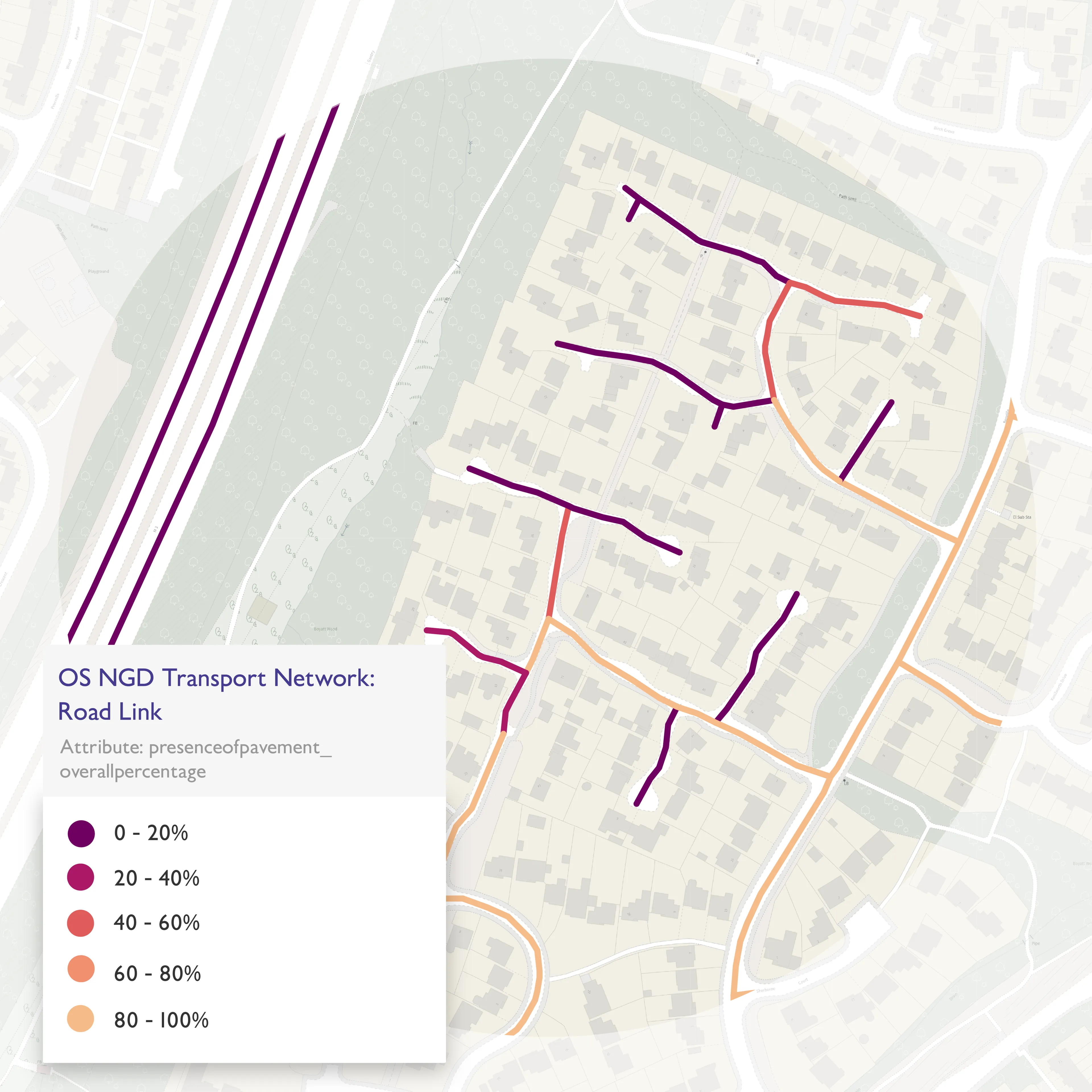 Example of OS NGD Transport Network, with attributes highlighting the percentage of presence of pavement.