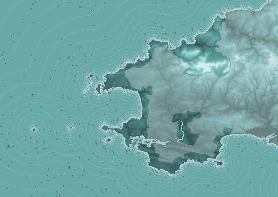 A map of Pembrokeshire showing buffer lines added to create a ripple effect.