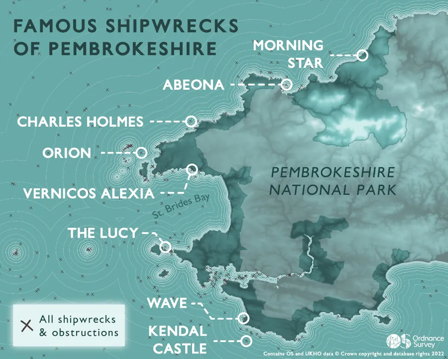 A map of Pembrokeshire highlighting famous shipwreck locations, including The Lucy, Orion, Charles Holmes and more.