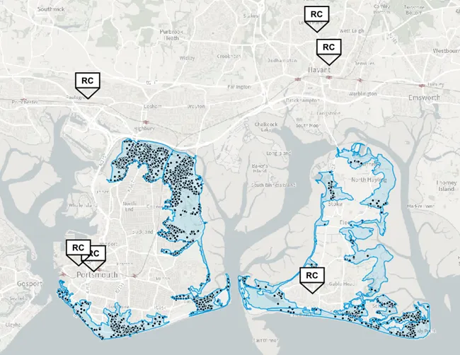 Map of Portsmouth highlighting areas at risk of flooding with a blue outline.