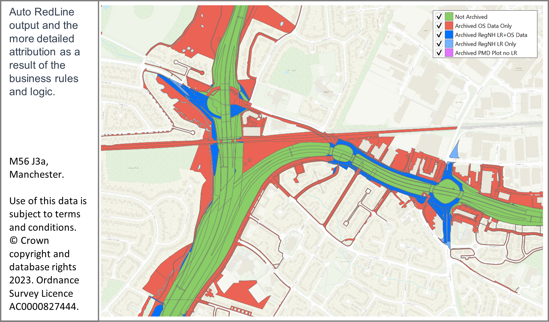 More detailed roads and highways data, shown in red, blue, and green for the M56, Manchester