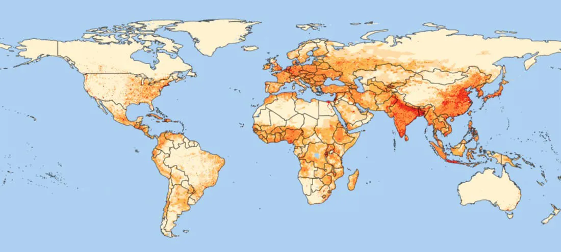 A raster image of population, from NASA's Socioeconomic Data and Applications Center.