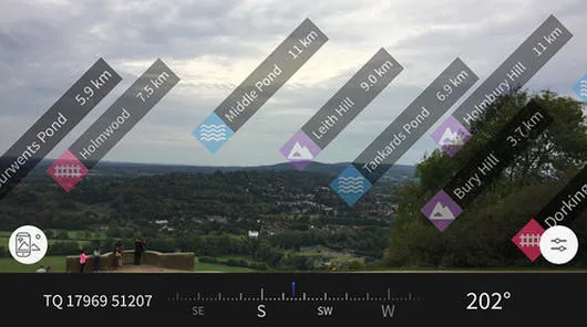 OS Maps AR feature showing landmarks identified and labelled