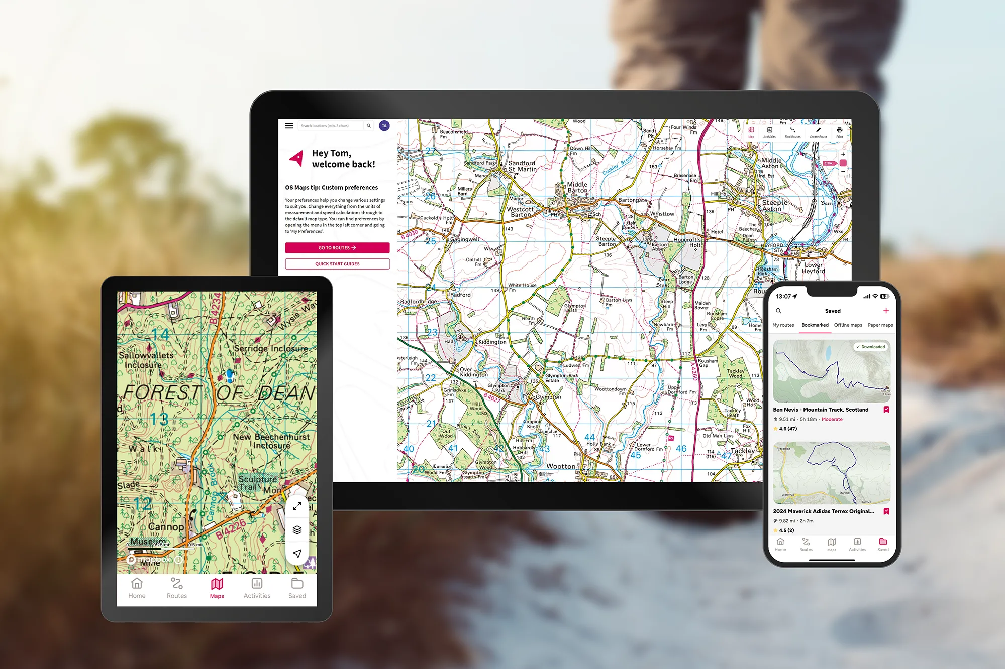 How the OS Maps app looks on phone, tablet and on desktop.