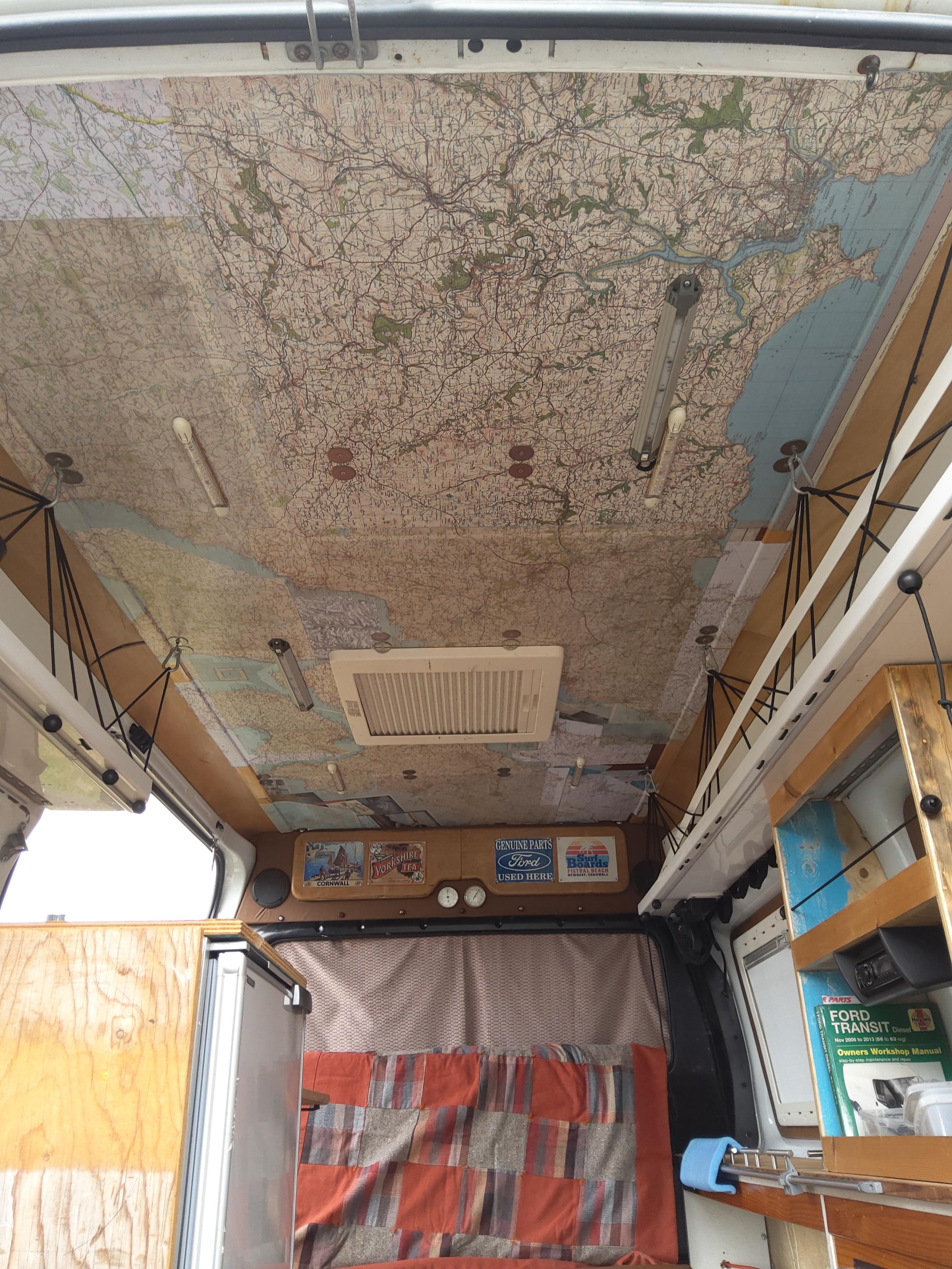 Simon has covered the ceiling of his Transit Mk 7 campervan with OS Landranger maps