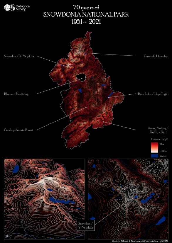 Map of Snowdonia National Park using contour lines in different shades of red