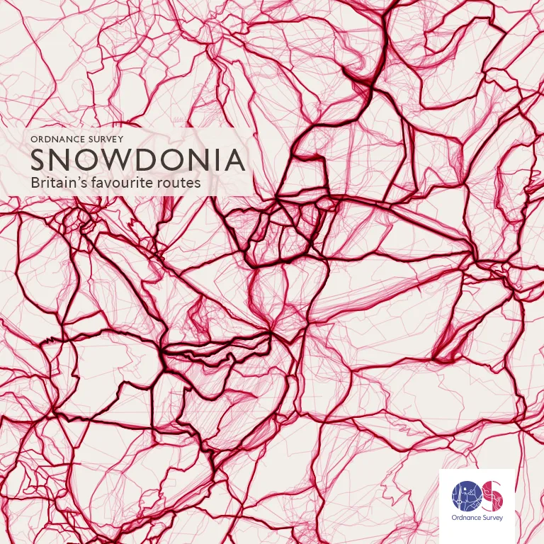 OS Maps routes crossing Snowdonia in Charley’s data visualisation.