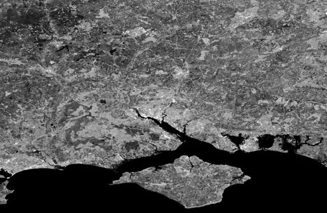 A black and white Synthetic Aperture Radar image of the Isle of Wight and surrounding area