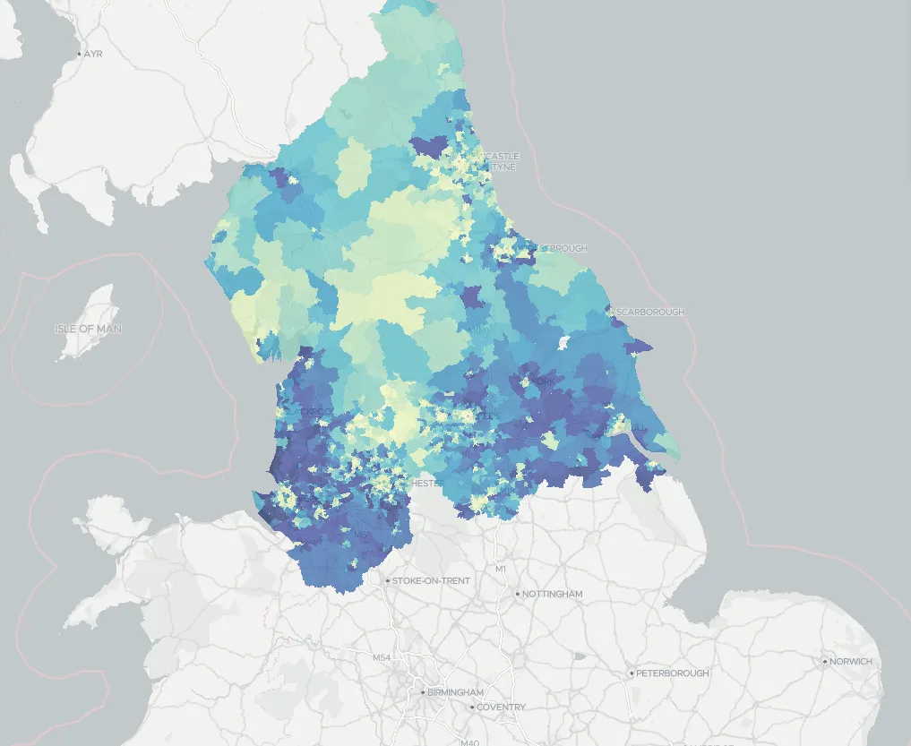 Map of north of England area with zones showing concentration of chargepoints