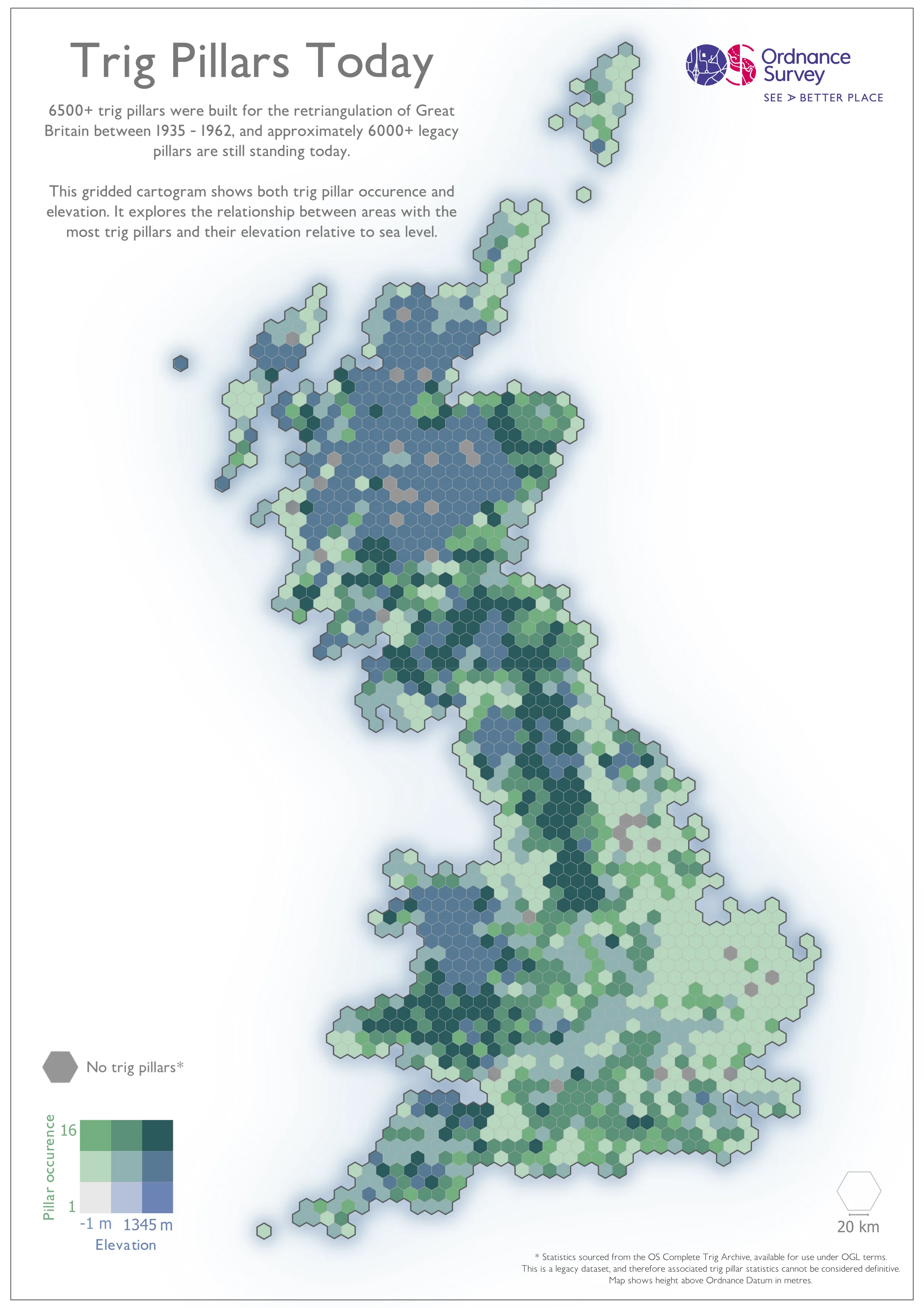 Hexagonal cartogram in green and blue of trig pillar occurrence and elevation across the UK