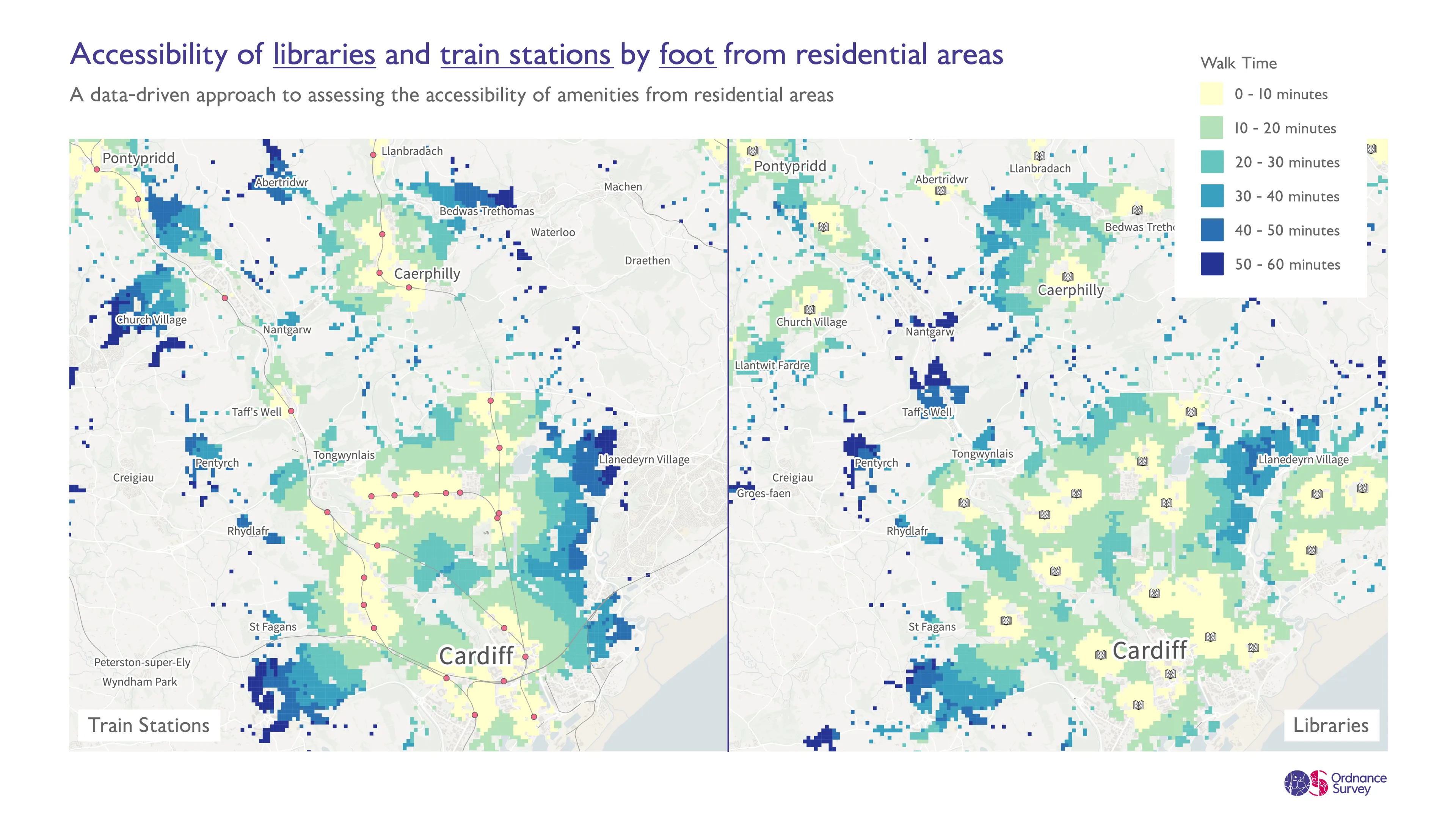 Data visualisation of accessibility of libraries and train stations by foot from residential areas in Cardiff.