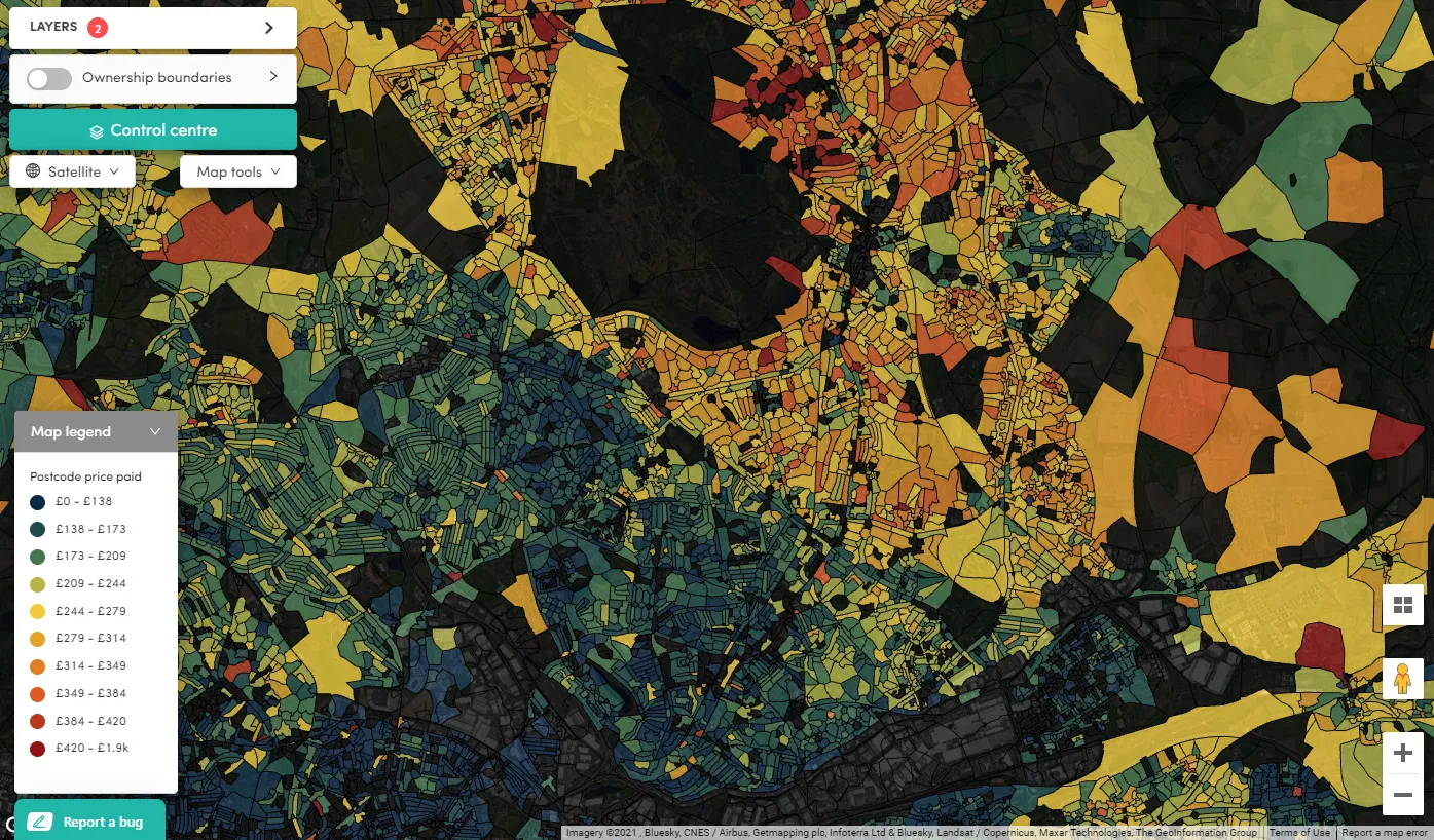 Postcode heat map - the average price per square foot for the last 5 years using the OS postcode data.