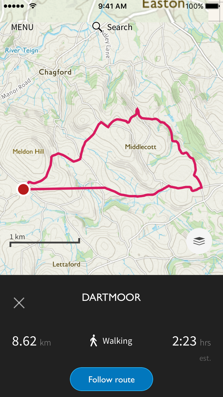 An example of a GPS route in Dartmoor