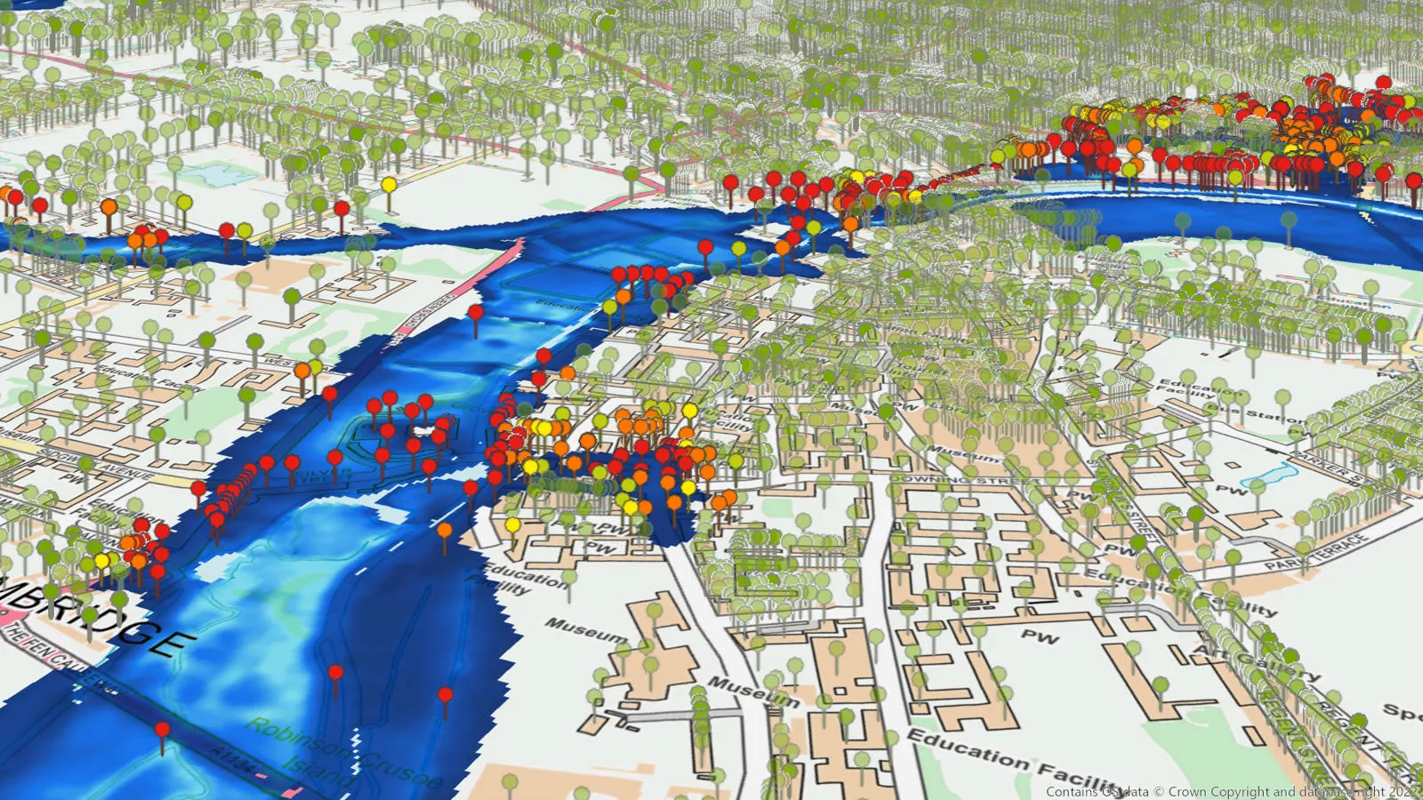 An example of flood-risk data on a map, showing locations affected by potential flooding