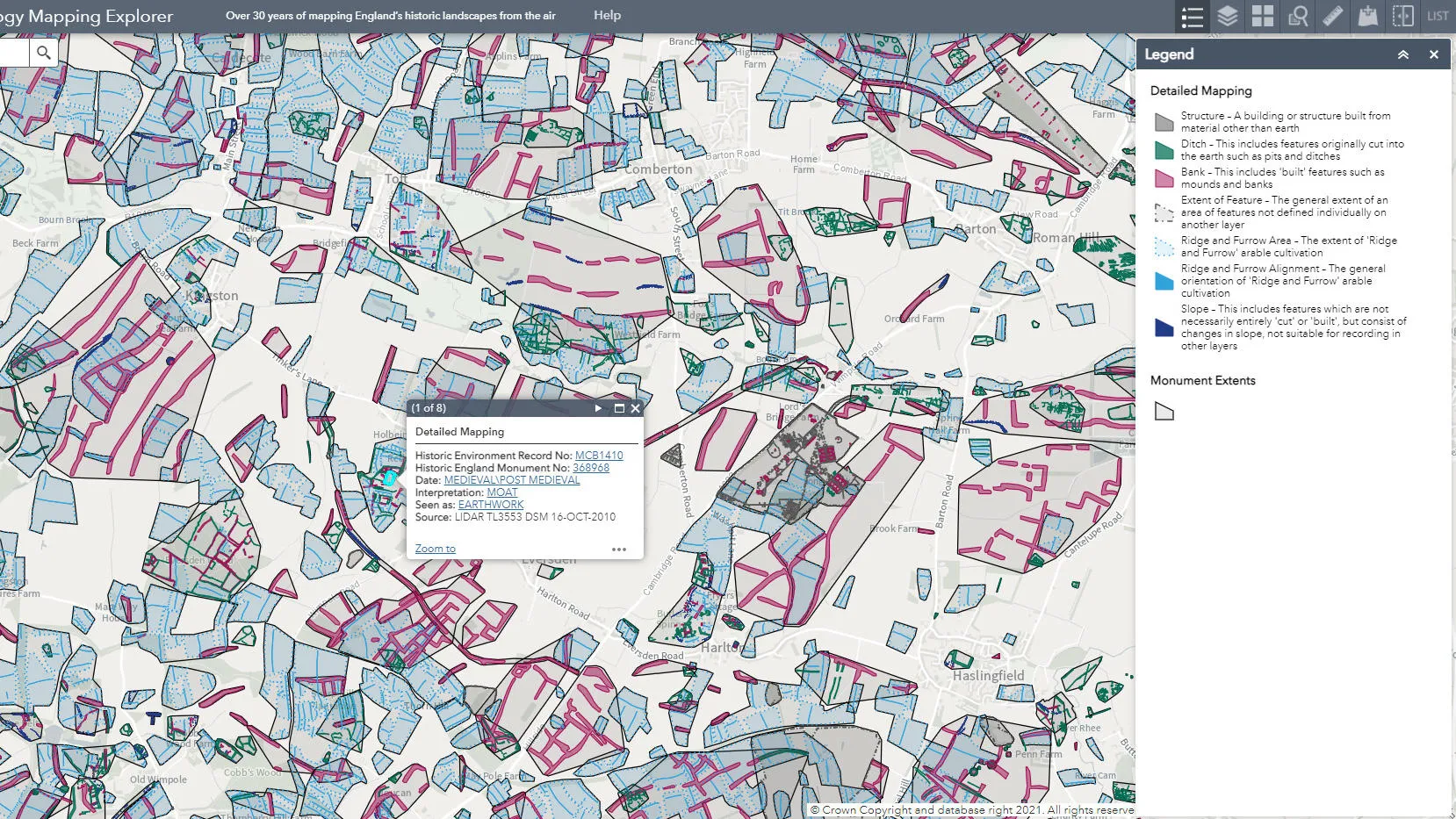 Screenshot of the Aerial Archaeology Mapping Explorer tool from Historic England