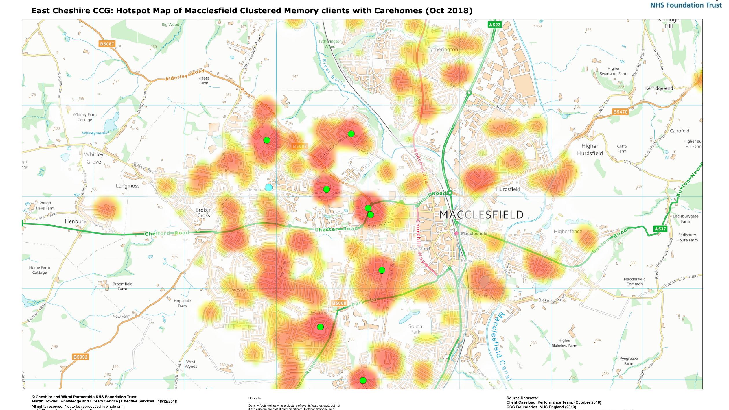 Map showing hotspots of Macclesfield clustered memory clients with care homes (October 2018)