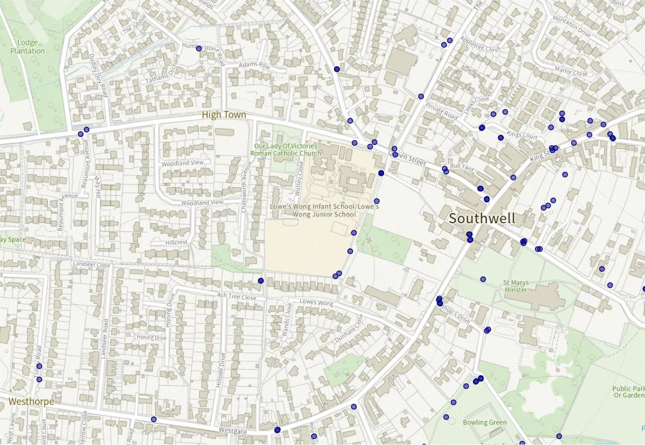 Mapping of Southwell town centre showing the locations of litter bins as blue circular markers.