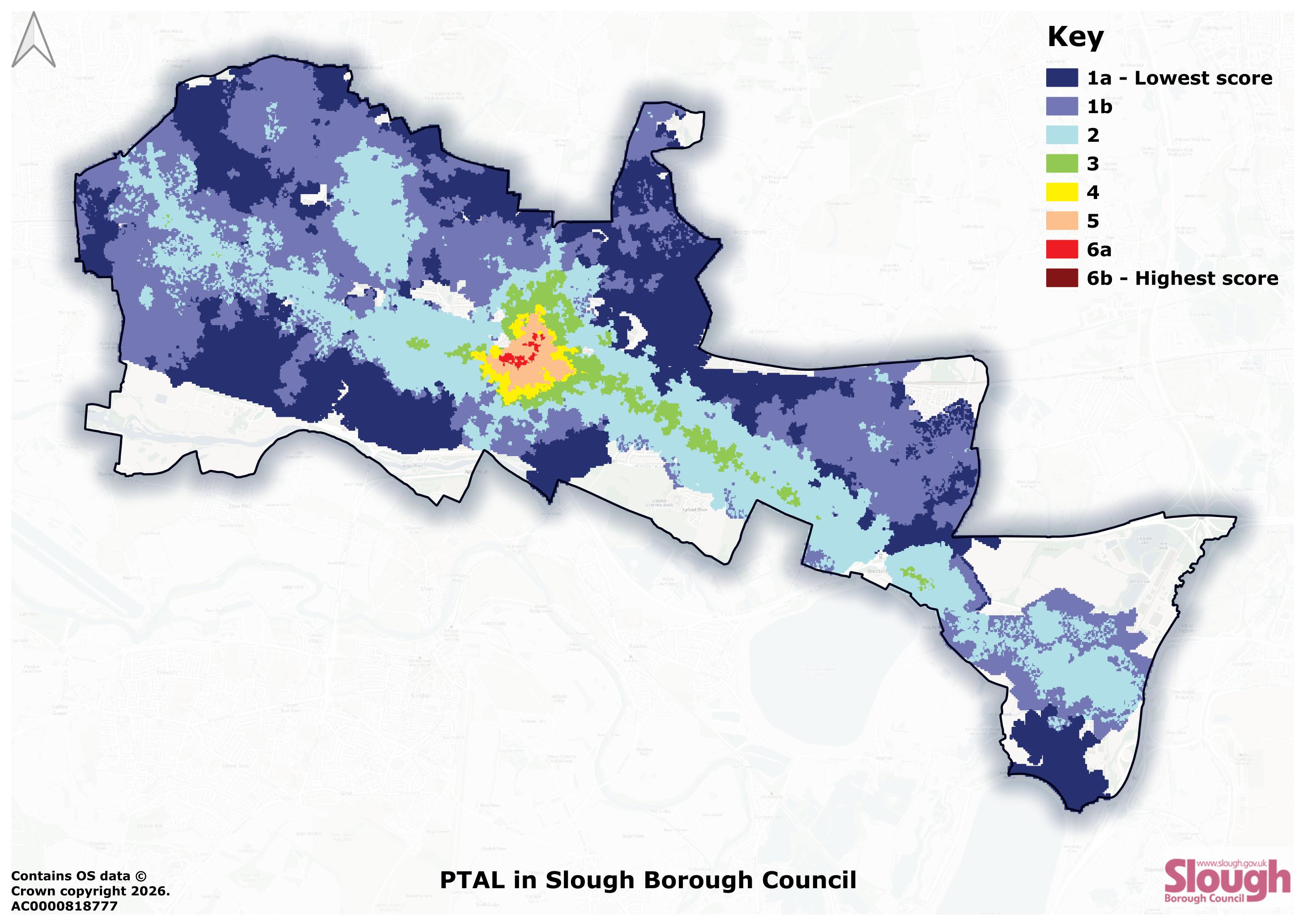 Mapping showing the Public Transport Accessibility Level in Slough