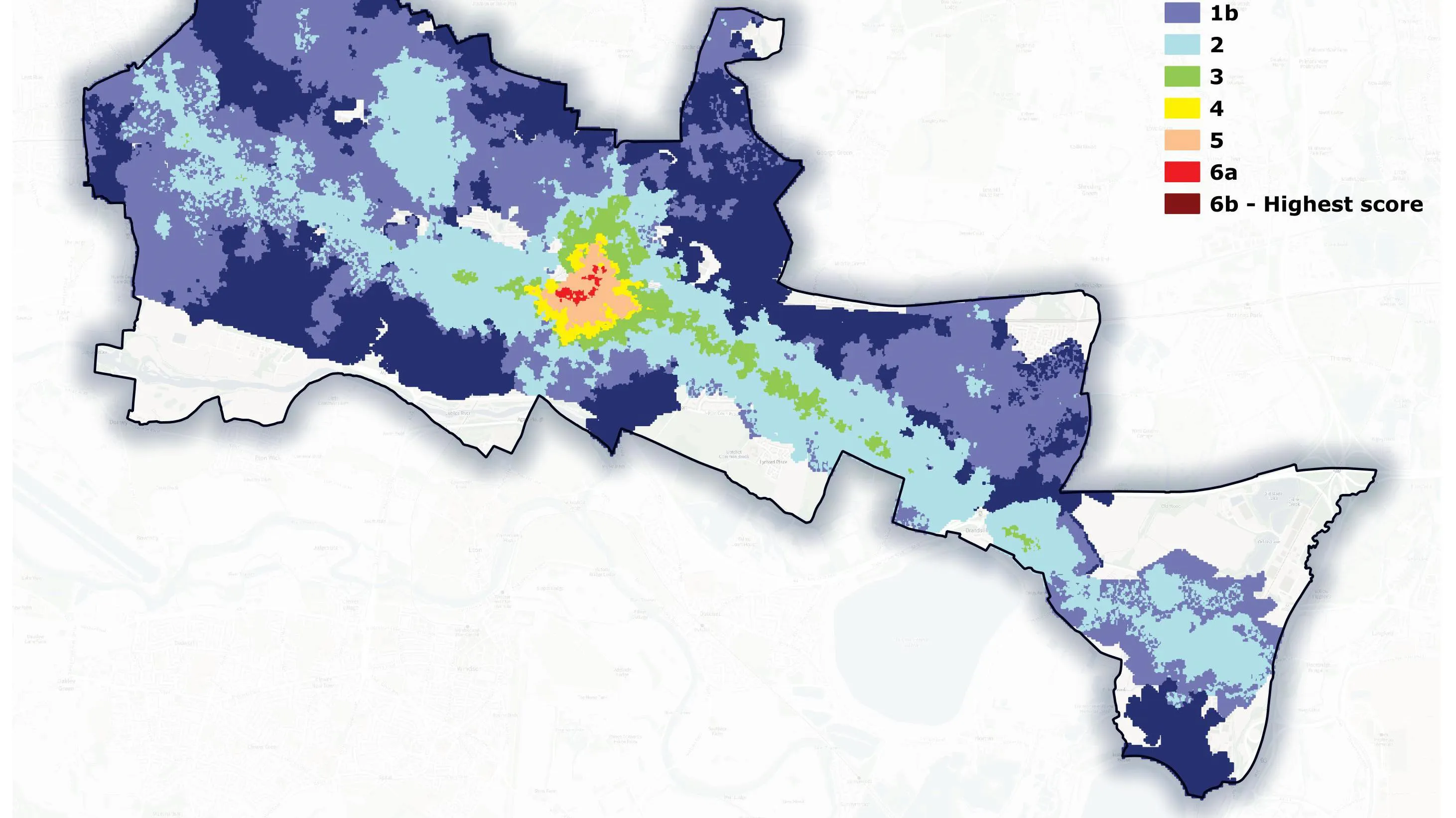 Mapping showing the Public Transport Accessibility Level in Slough