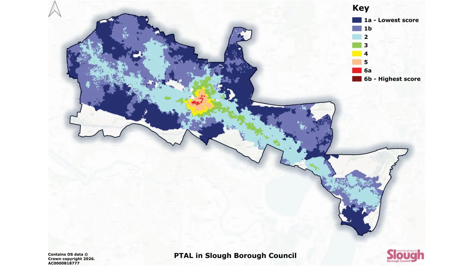 Mapping showing the Public Transport Accessibility Level in Slough