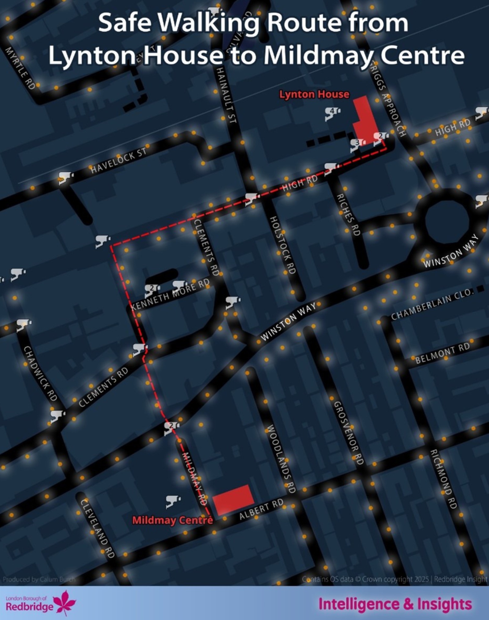 Mapping highlighting a safe walking route as well as additional monitored paths with CCTV and well-lit areas.